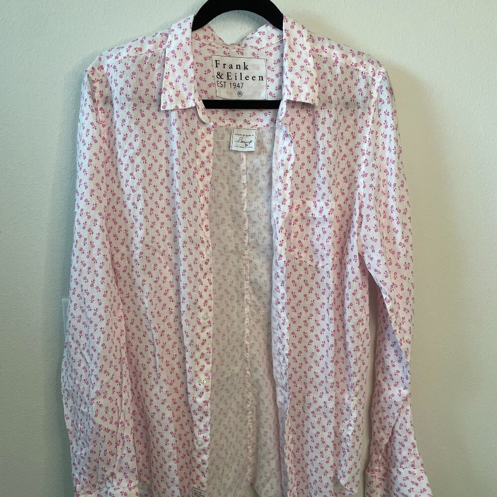 Frank and Eileen X Large Linen Blend Shirt - White with Pink Pineapple Pattern